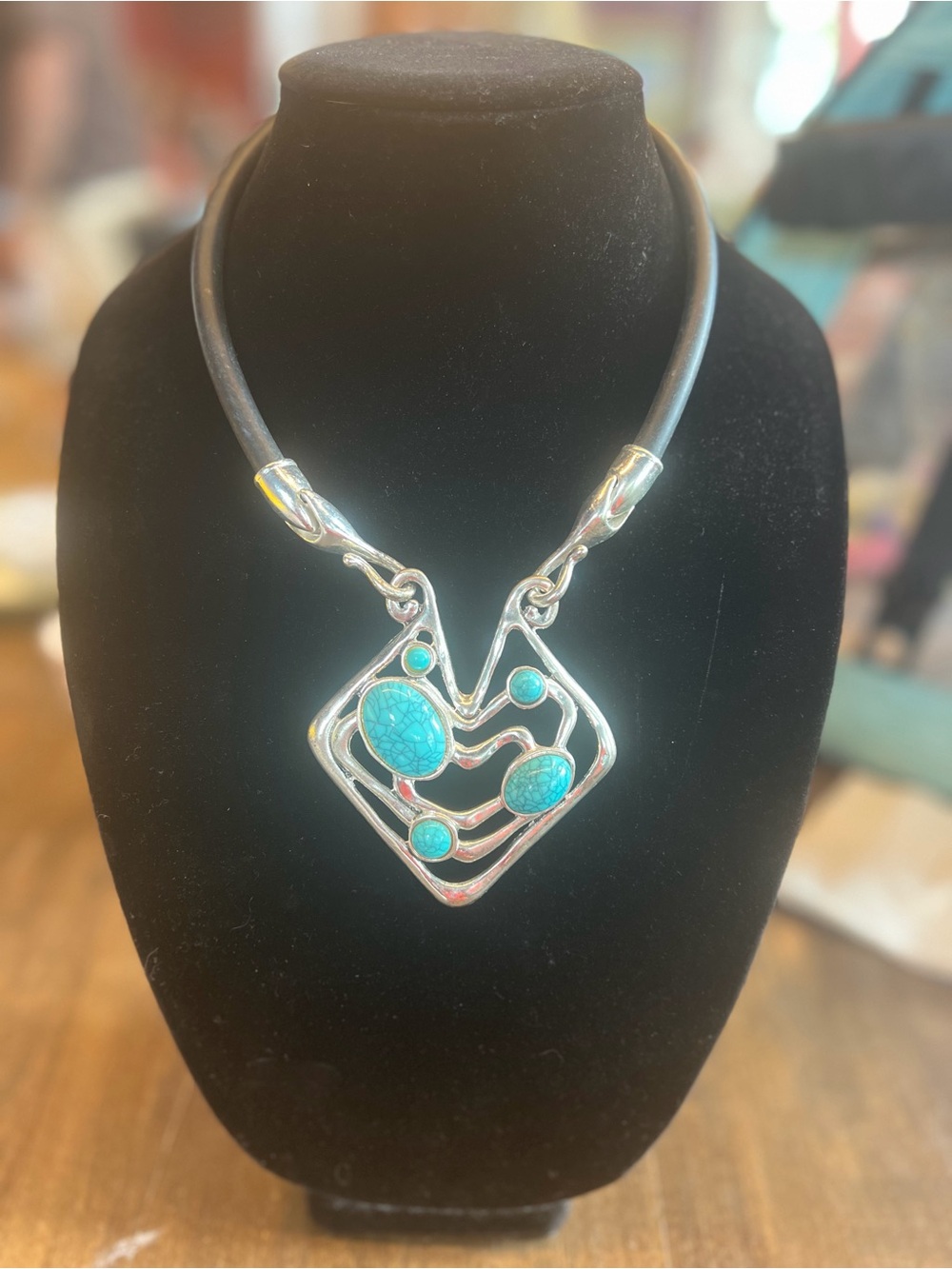 Turquoise Accent Black Necklace with Silver-Tone Pendant